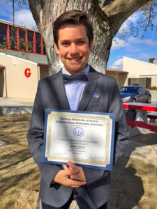 2017-18 CJSF Huhn Award North Recipient Hunter Valencia, Brittan Elementary School, CJSF Adviser Heather Azevedo