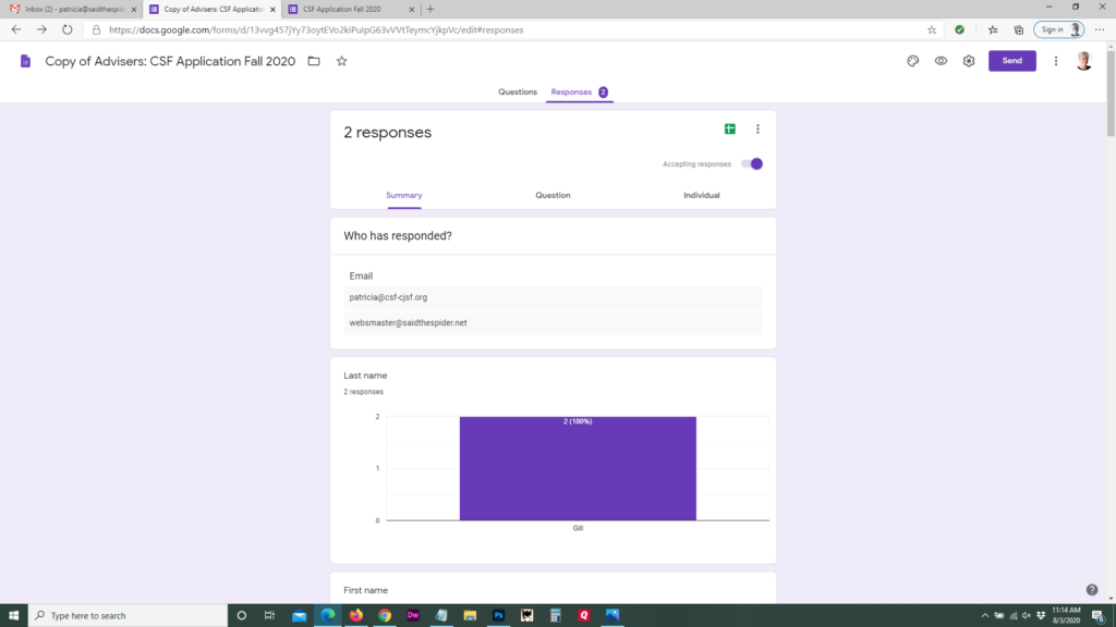 Google form responses fall 2020