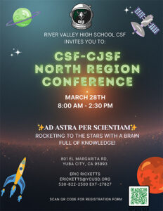 Text: CSF-CJSF North Region Conference, March 28, 2026 on outer space background