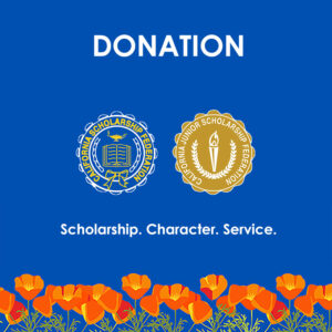 DONATION - CSF and CJSF logos, Scholarship. Character. Service. on blue background with orange California poppies.