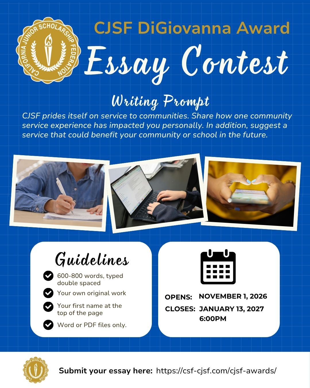Michelson Essay Contest text on blue background with CJSF logo