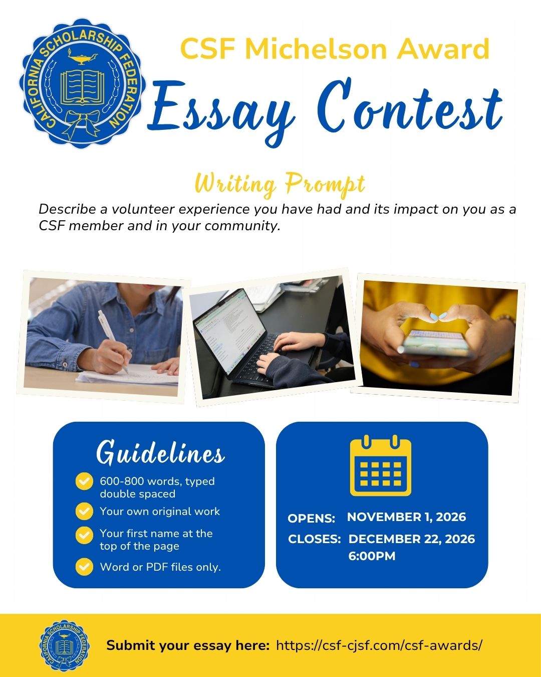 Michelson Essay Contest text on blue background with CJSF logo